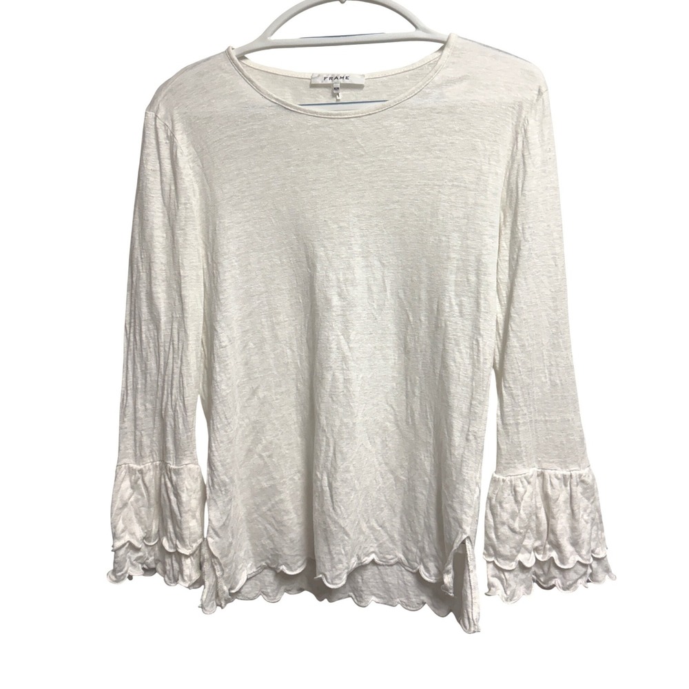 FRAME Scallop Hem Linen Top Blanc White Long Sleeve Ruffle Cuff LWTS0600 M